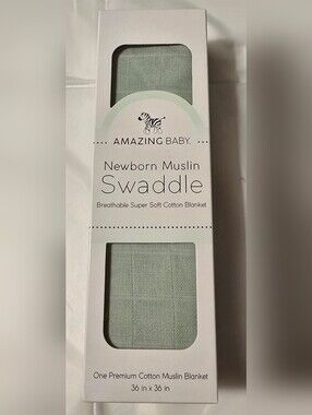 Amazing Baby Newborn Muslin Swaddle Blanket Sage Green 36x36 Cotton NIB